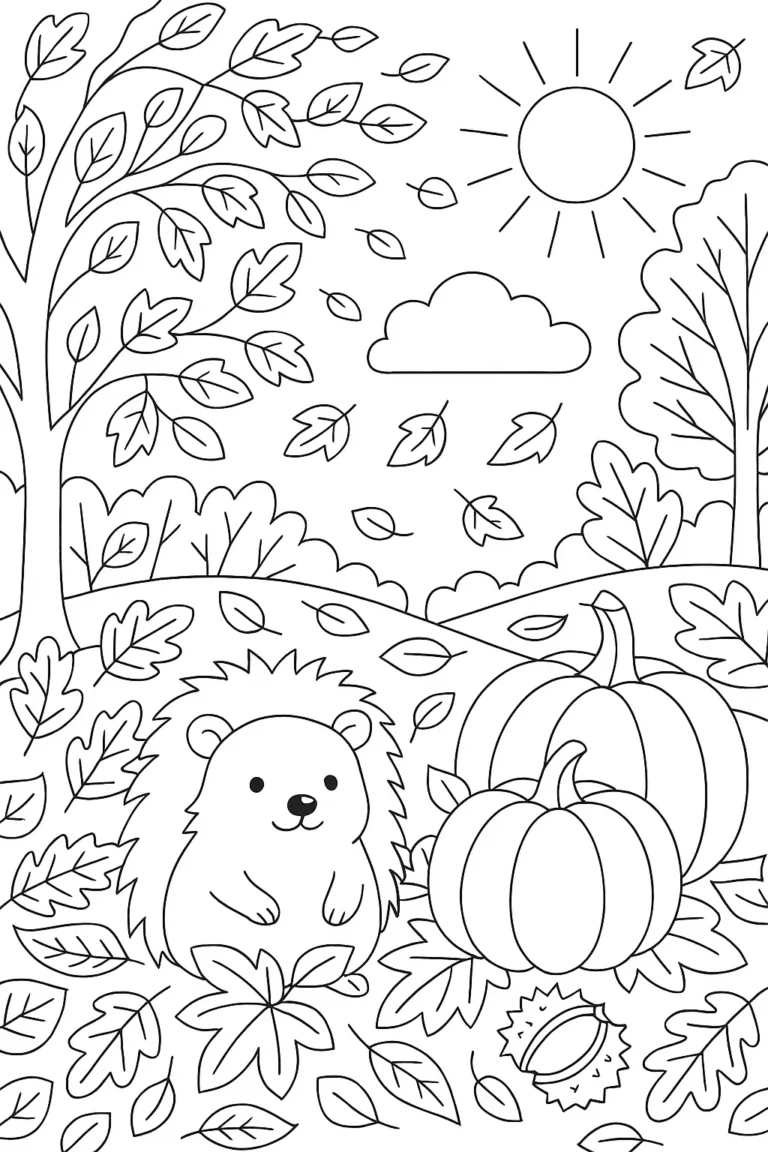 Ausmalbild Herbst Laubblätter Igel Kürbis Sonne Baum mittelschwer DIN A4 ausmalino.de